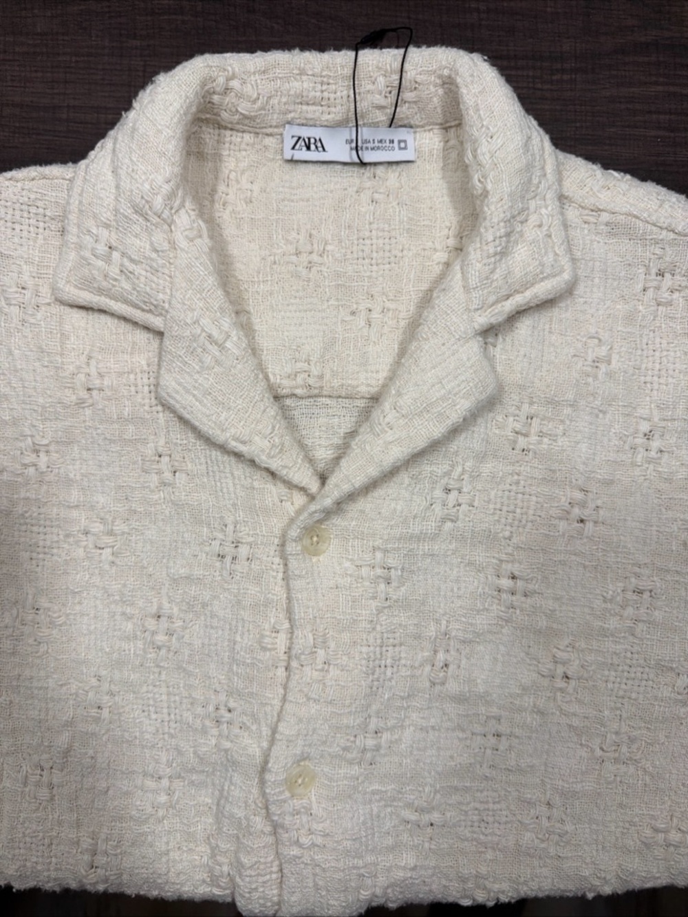 Zara Men’s Shirt Small Tweed Button Up Short Sleeve Cotton Blend Beige Casual